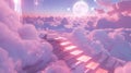 Shimmering transparent platforms seem to defy gravity as they float amidst a sea of pink clouds and sparkling stars