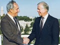 Shimon Peres Greets Jimmy Carter in Jerusalem Royalty Free Stock Photo