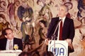 Shimon Peres Speaks with Background of Chagall Tapestries