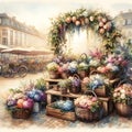 Street flower market in Paris, watercolor painting.