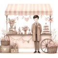 watercolor a young man buying flowers at a flower shop. Royalty Free Stock Photo