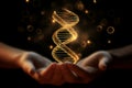 Shine alien DNA molecule in hands helical structure microbiology science microscopic atom medicine technology 3d genetic