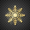 Shine golden snowflake on black background. Christmas and New Year golden glittering snowflake decoration