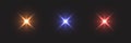 Shine light with flash effect set. Different color glow stars glared on black background. Bright sparkling vector Royalty Free Stock Photo