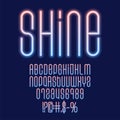 Shine Neon vector font. Glowing blue and orange capital letters and numbers on dark blue background. Glowing font in cyber style