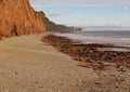 The shingle beach at Sidmouth in Devon with the red sandstone cliffs of the Jurassic coast in the background