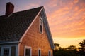 shingle detailing on a dutch colonials flared eave, under glowing sunset