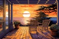 shingle home patio overlooking the sunset over the sea, magazine style illustration