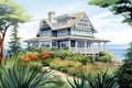shingle-style home nestled among coastal plants with ocean backdrop, magazine style illustration