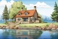 shingle style home with stone foundation near a tranquil lake, magazine style illustration Royalty Free Stock Photo
