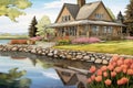 shingle style home with stone foundation near a tranquil lake, magazine style illustration Royalty Free Stock Photo