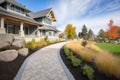 shingle style mansion with stonewalled landscaping