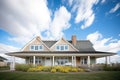 shingled cape cod house with dormers under wispy clouded summer sky