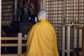 Shingon Buddhist monk praying in temple at Koyasan, Wakayama prefecture of Japan