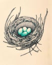 Small azure eggs in the depths of a fluffy nest woven from thin branches