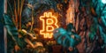 shining big golden neon bitcoin symbol amongst tropical garden at night.AI generated
