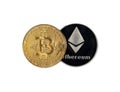Shining bitcoin BTC golden coin over ethereum silver symbol isolated on white background, cutout bit and eth crypto
