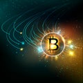 Shining bitcoin symbol with light splashes and sparks. Golden blockchain space concept. Cryptocurrency symbol