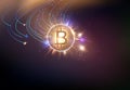 Shining bitcoin symbol with light splashes and sparks. Golden blockchain space concept. Cryptocurrency symbol