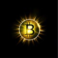 Shining bitcoin symbol, light splashes and sparks. Golden blockchain sun concept. Cryptocurrency symbol illustration