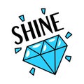 Shining blue diamond gemstone retro style sticker patch badge with text, flat style vector illustration isolated on