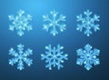 Shining blue glitter glowing snowflakes on blue background. Christmas and New Year decoration. Vector illustration