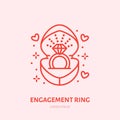 Shining brilliant ring in heart shaped gift box illustration. Jewelry flat line icon, jewellery store logo. Jewels Royalty Free Stock Photo