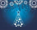 Shining Christmas tree on dark blue background with stylized snowflakes