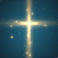 Shining cross on blue background with backlight and glowing yellow particles. Abstract vector religious background.