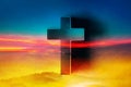 Shining cross on Calvary hill, sunrise, sunset sky background. Copy space. Ascension day concept. Christian Easter Royalty Free Stock Photo