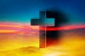 Shining cross on Calvary hill, sunrise, sunset sky background. Copy space. Ascension day concept. Christian Easter