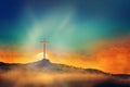 Shining cross on Calvary hill, sunrise, sunset sky background. Copy space. Ascension day concept. Christian Easter Royalty Free Stock Photo