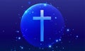 Shining cross, Riligious symbol, Glowing Saint cross. Christian cross icon in the circle. Religion blue background for card, Royalty Free Stock Photo