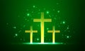 Shining cross, Riligious symbol, Glowing Saint cross. Religion cross bright vector illustration background. Green and bright.