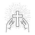 Shining Crucifix and prayer hands, Christian pray for grace, Jesus Christ holy cross worship Royalty Free Stock Photo