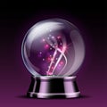Shining crystal ball on a dark background. Bright glowing crystal ball for fortune tellers.