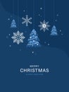 Shining decorations with Christmas trees and snowflakes on dark blue background. Christmas and New Year greeting card Royalty Free Stock Photo