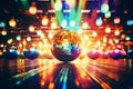 Shining Disco ball in the night club with abstract bokeh colored background