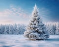 Shining fir tree covered with snow in a winter forest.