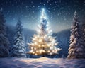 Shining fir tree covered with snow in a winter forest.