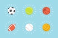 Shining football, basketball, baseball, tennis, volleyball, water polo ball. Hand drawn vector illustration