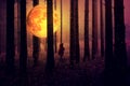 Shining full moon in the forest and small child