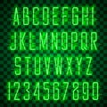 Shining and glowing green neon alphabet and digits. Royalty Free Stock Photo