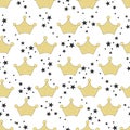 Shining gold crown with black stars. Seamless fabric pattern for textile design with white background Royalty Free Stock Photo