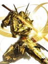 Shining gold mech with dynamic pose and reflections Royalty Free Stock Photo