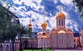 Photographic art picture of shining golden cupola of orthodox church of The Holy Trinity Saint Sergius Lavra