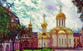 Photographic art picture of shining golden cupola of orthodox church of The Holy Trinity Saint Sergius Lavra