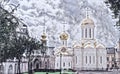 Photographic art picture of shining golden cupola of orthodox church of The Holy Trinity Saint Sergius Lavra