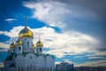 Shining golden domes of a Russian Orthodox Church in Barnaul Royalty Free Stock Photo