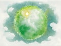 A shining green sun surrounded by blue sky and fluffy clouds symbolizing renewable energy. Lifestyle concept. AI